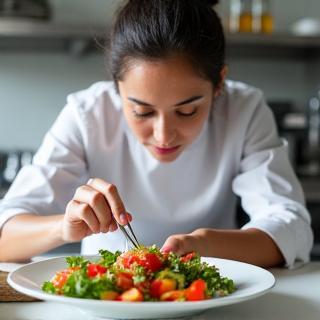 Sous Chef Sophia Rahman meticulously plating a canapé