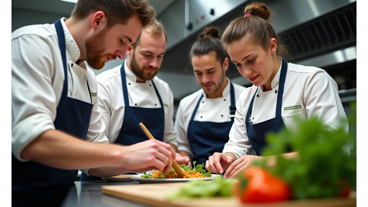 Team of Gumleaf Provisions chefs collaborating in a professional kitchen, preparing exquisite dishes