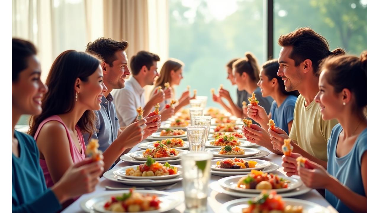 Diverse group of people enjoying a shared meal with various dietary options clearly labeled, smiling and interacting comfortably.
