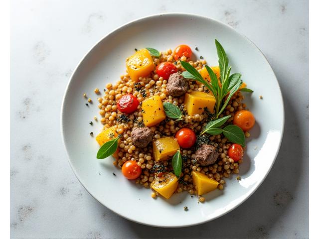 A beautifully plated gourmet vegan dish featuring colorful vegetables and plant-based protein.