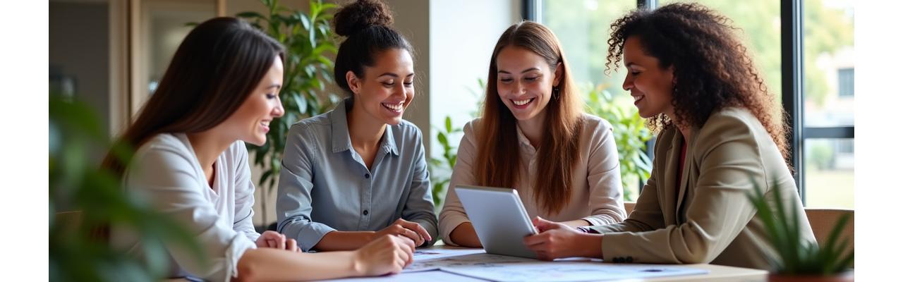 Happy team members collaborating on an event plan during a consultation