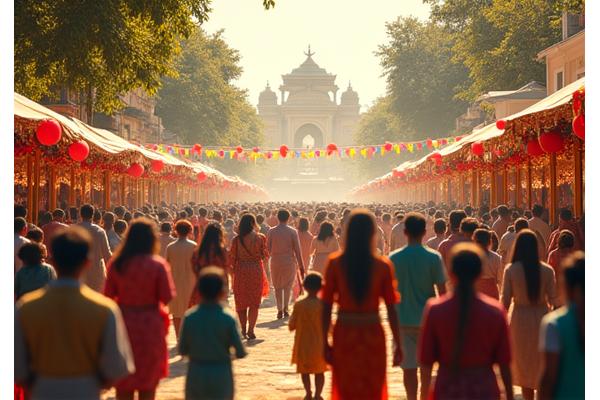 Vibrant cultural festival with diverse attendees and colorful decorations