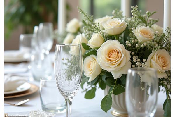 Elegantly decorated wedding reception, soft lighting, flowers
