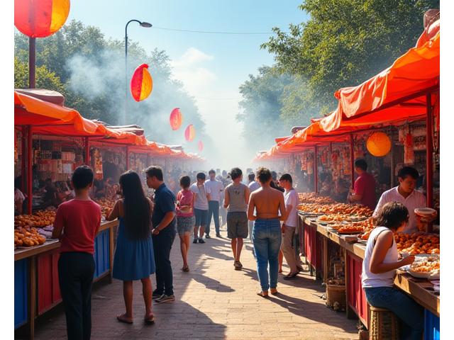 Lively outdoor community festival with various food stalls offering international dishes