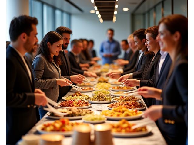 Corporate event with diverse group of professionals enjoying a globally-themed buffet