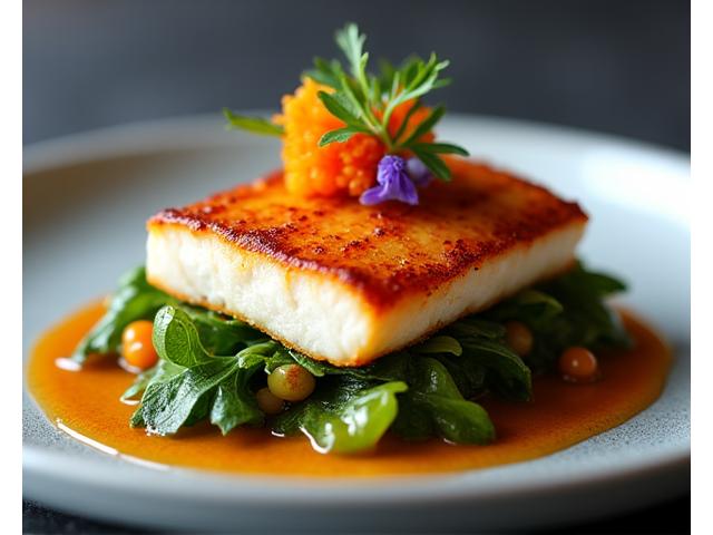 Artistically plated fusion dish, combining elements of Asian and Modern Australian cuisine