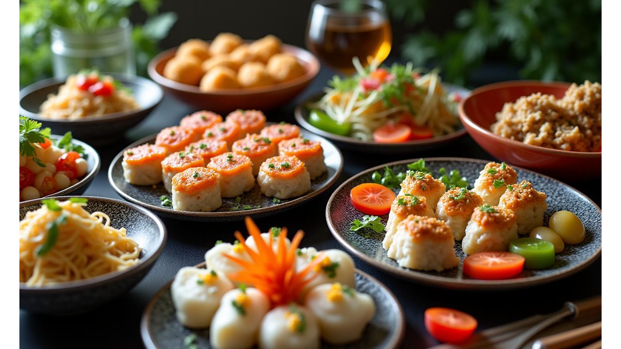 Diverse spread of international dishes including Asian noodles, Mediterranean mezze, and colorful Australian fresh produce