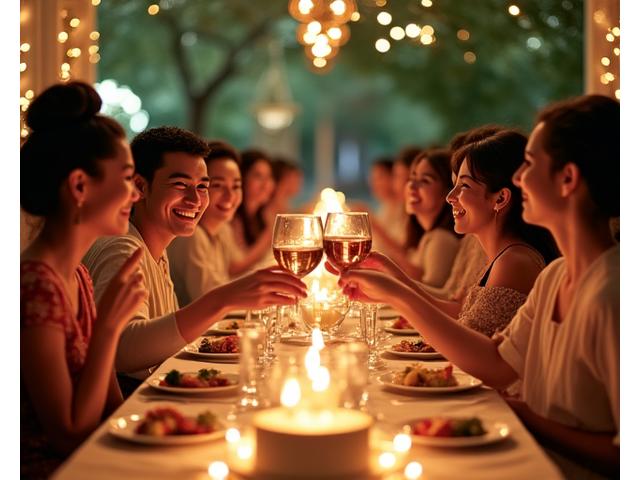 Wedding reception featuring two families from different cultural backgrounds joyfully sharing a fusion meal