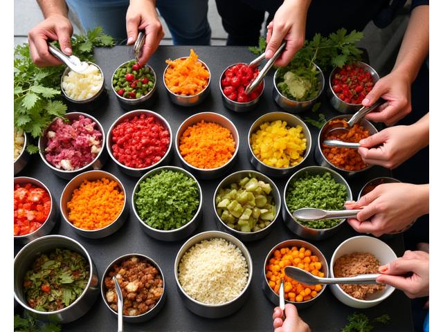 A variety of fresh, colorful ingredients laid out at a 'build-your-own' a bowl station, with hands reaching for toppings.