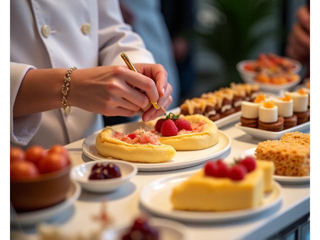 A dessert chef decorating a pastry with precision at a vibrant dessert station, surrounded by an array of sweets.