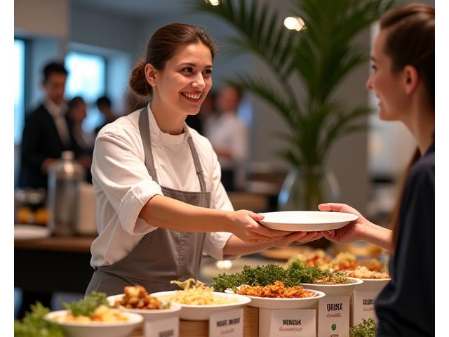 A chef hands a guest a prepared plate at a food station, with clear labels for gluten-free and vegan options visible.