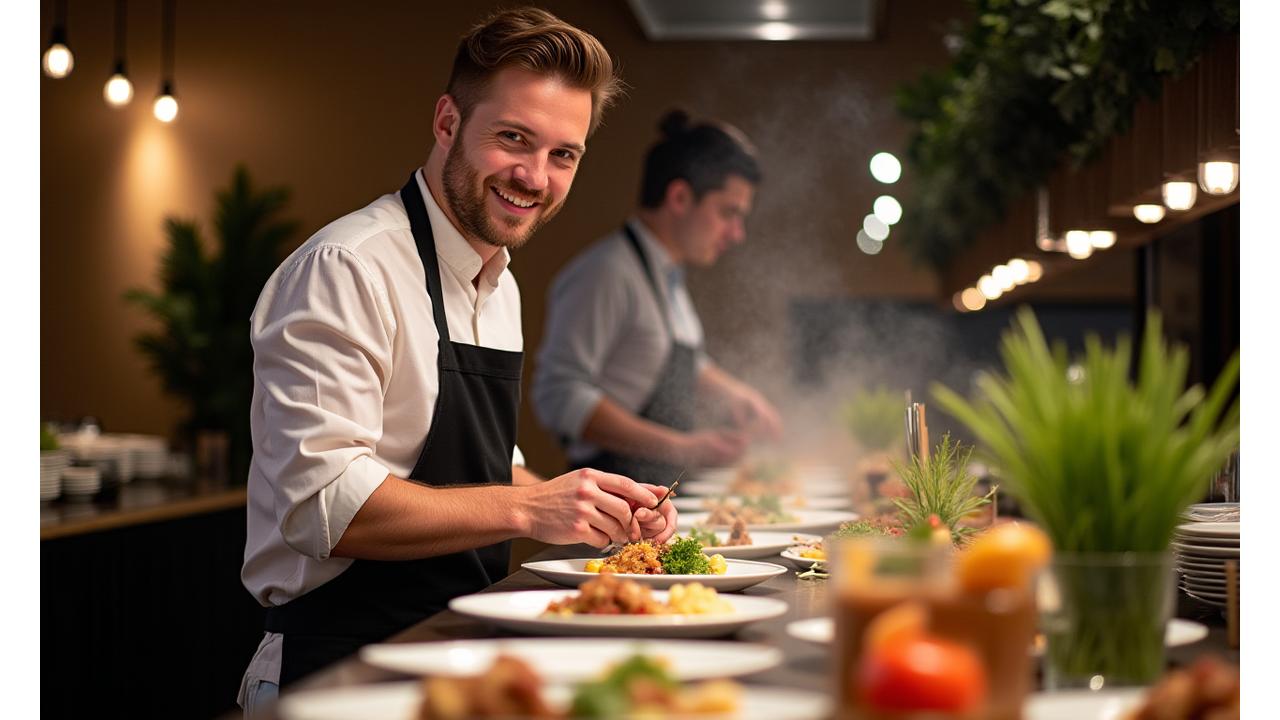 Professional chef artfully preparing a dish at a live cooking station, with blurred, engaged guests in the background at an elegant event.