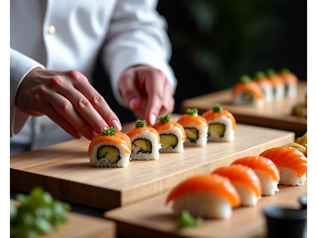 A skilled sushi chef meticulously preparing sushi rolls at an elegant sushi bar, with various fresh ingredients displayed.