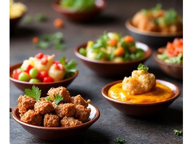 Diverse selection of culturally specific dietary dishes, such as Halal or Kosher appetizers