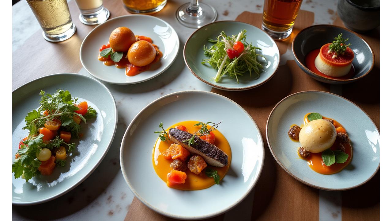 Artistic culinary spread with fresh, vibrant ingredients and modern presentation