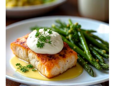 Appetizing low-carb dish, possibly a grilled fish with asparagus and hollandaise