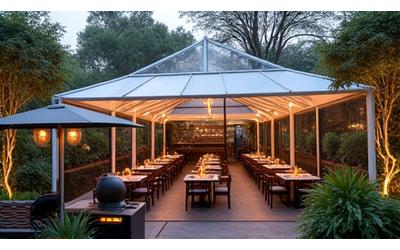 Covered outdoor dining area with portable heaters, ready for rain