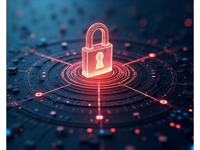 Illustration of layered security, with biometric scan, firewall, and padlock icons surrounding a database.