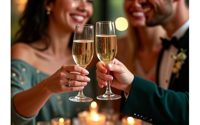 Anniversary couple toasting with champagne and elegant buffet spread.