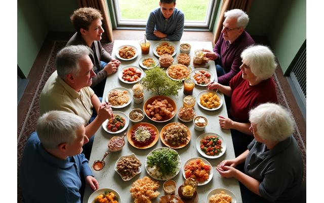 Multi-generational family gathered around a beautifully set dining table.