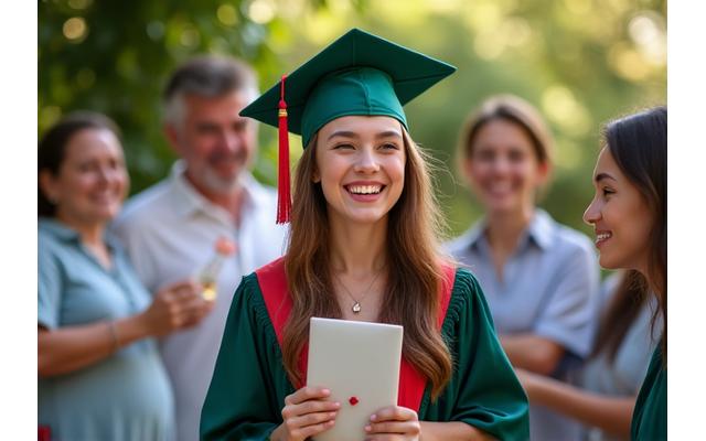 Joyful graduate holding diploma surrounded by family and food.