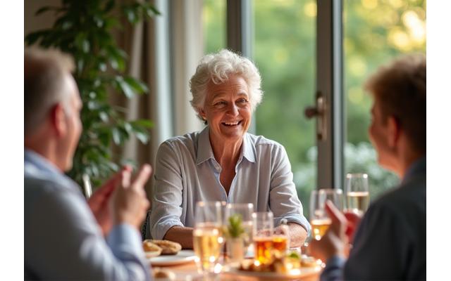 Happy retiree being toasted at a casual luncheon.