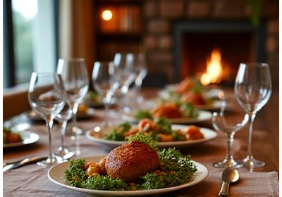 Gourmet meal set beautifully on a dining table in a cozy home.