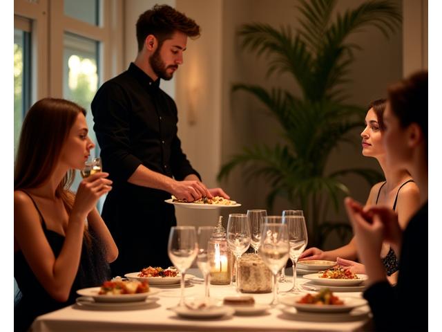 Discreet catering staff serving guests in an elegant private home setting.