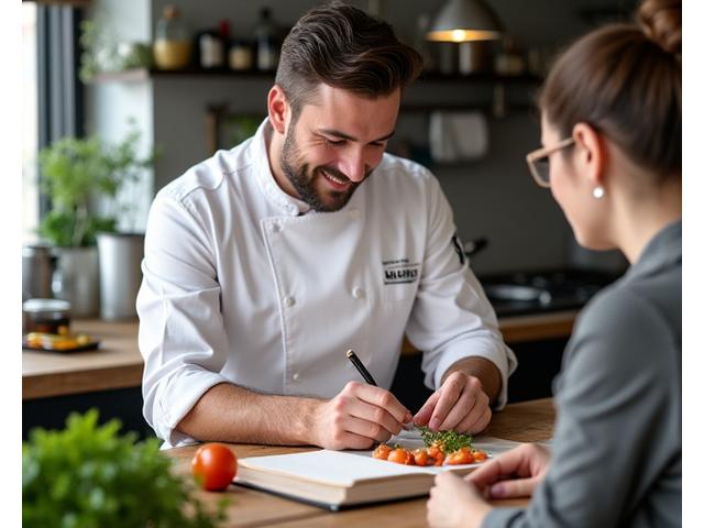 Chef consulting with a client, showing a personalized menu with fresh ingredients.