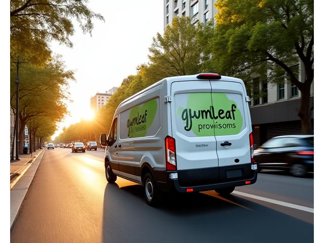 A fuel-efficient Gumleaf Provisions delivery van driving through a leafy urban street in Melbourne