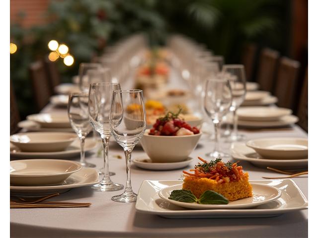 Elegant reusable serving platters and glassware arranged beautifully for an event