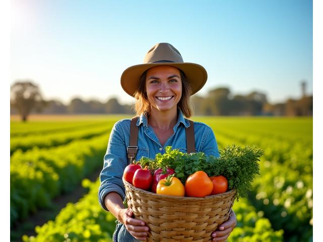 A happy farmer smiling in a vibrant green field with fresh produce