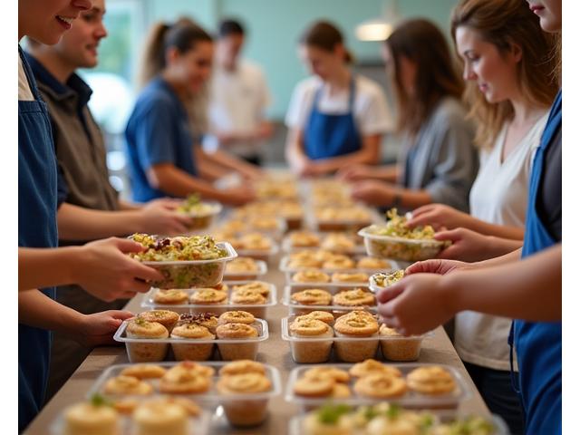 Volunteers packing surplus event food into containers for redistribution to local charities